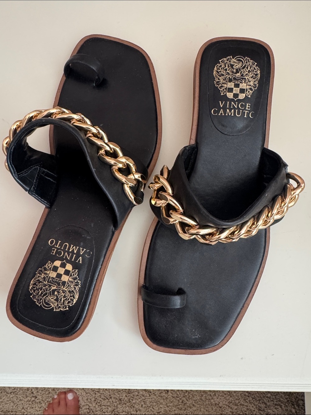 Vince Camuto Black Leather Slide Sandals with Gold Chain Accent